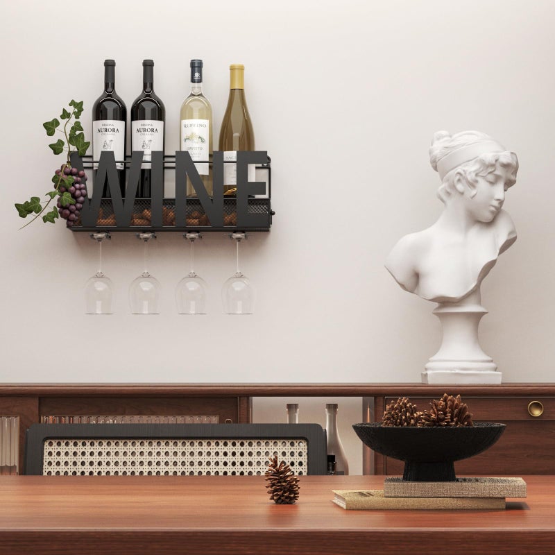 SODUKU Wall Mounted Metal Wine Rack - Wine Rack Wall Mount Wine Bottle Holder 4 Long Stem Glass Holder & Wine Cork Storage Wine - Image 5